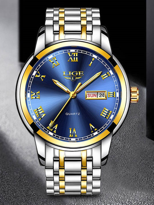 Lige Men's Watch 42mm Battery with Silver Metal Bracelet