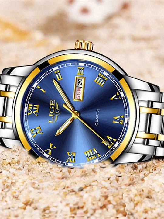 Lige Men's Watch 42mm Battery with Silver Metal Bracelet