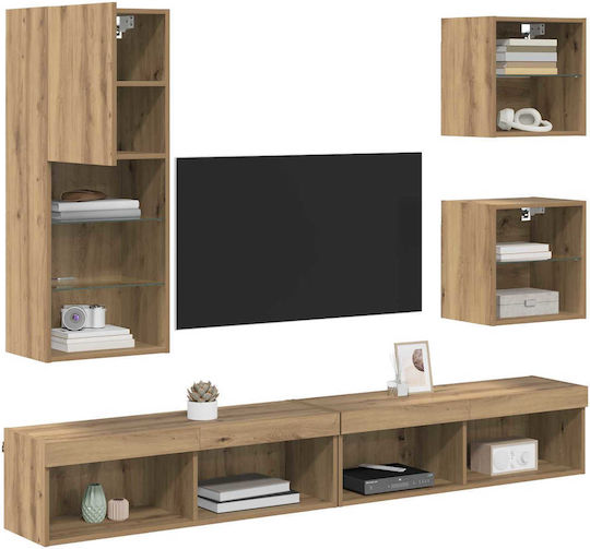 Living Room TV Unit with Showcase & Lighting Artisan Oak L100xW30xH30cm