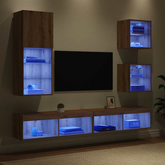 Living Room TV Unit with Showcase & Lighting Artisan Oak L100xW30xH30cm