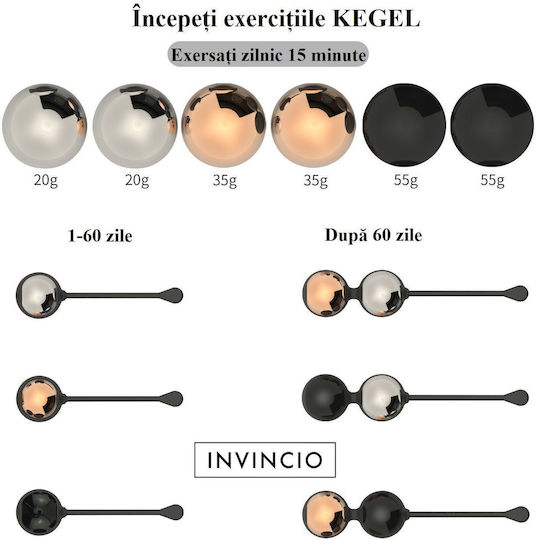 Set Lux Invincio Duo-Ball Tratament Incontinență Urinară Exerciții Kegel Stimulator Pelvic 3 Suporturi 6 Bile 9 Exerciții Diferite Medical Silicon Negru