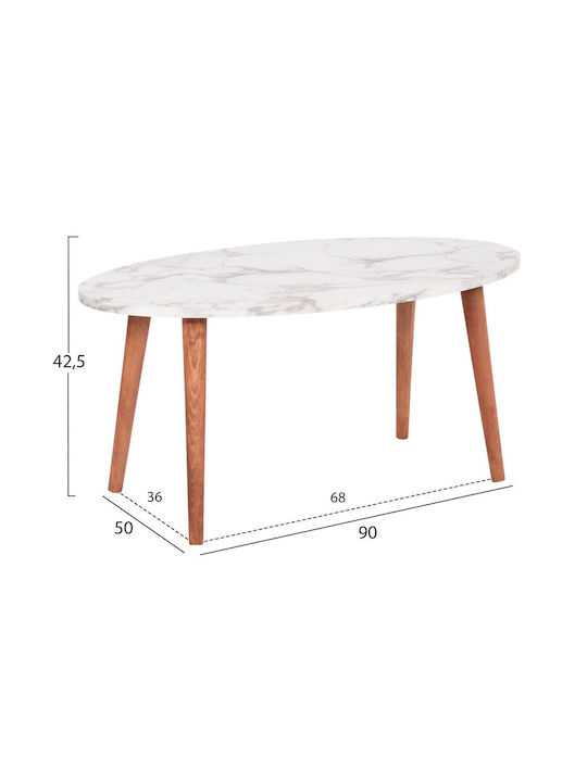 Oval Central Coffee Table Vital Wooden White Marble - Walnut W90xD50xH42cm