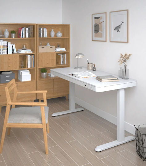 Birou Electric E-desk Din Lemn De Fag Alb Cu Picioare Metalice Și Înălțime Reglabilă 120x60x72cm