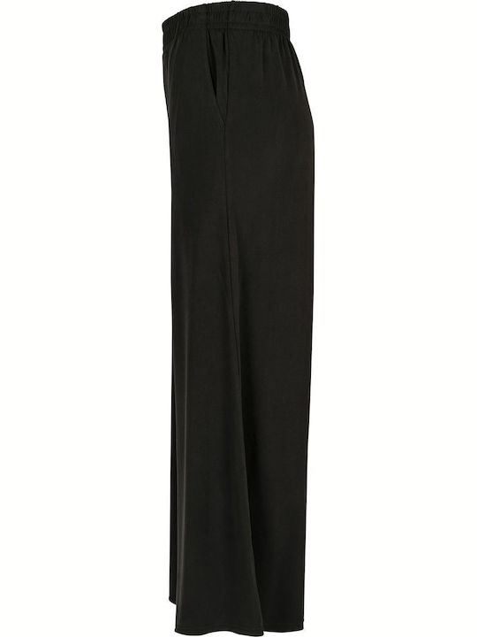 Damen Stoff Hose mit Gummizug in Weitem Schnitt Schwarz