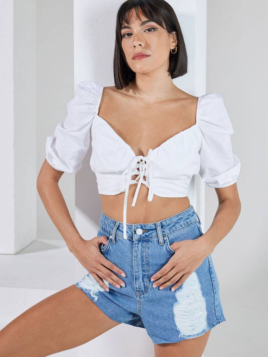 Juicy Women's Summer Crop Top with 3/4 Sleeve & V Neckline White