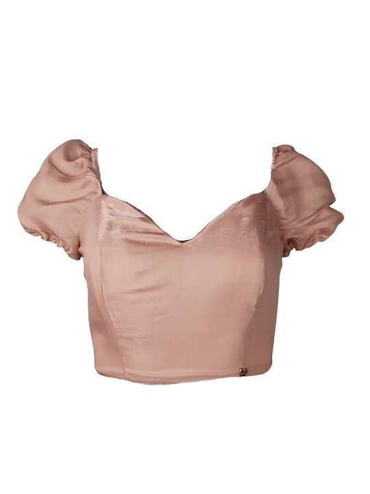 Damen Sommer Crop Top Satin Kurzarm mit Reißverschluss Rosa