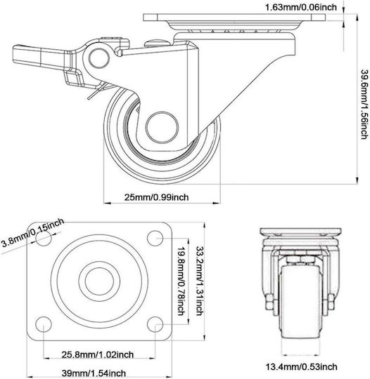 Ροδάκια Έπιπλα Gbl Small Castor Ρόδες με Φρένο 4τμχ 25mm