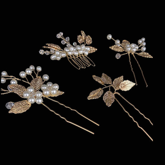 Set of 4 Hairpins Bridal Hair Comb Gold Pearls Tamta