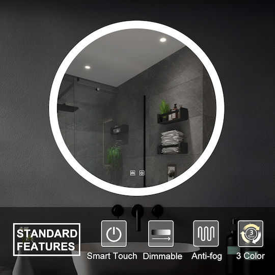 H2O Round Bathroom Mirror Led Touch Metal 80x80cm