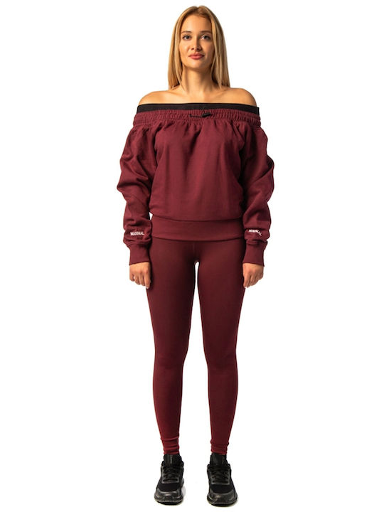 Γυναικεία Μπλούζα Βαμβακερή Off-Shoulder Μακρυμάνικη με Κουκούλα Μπορντό