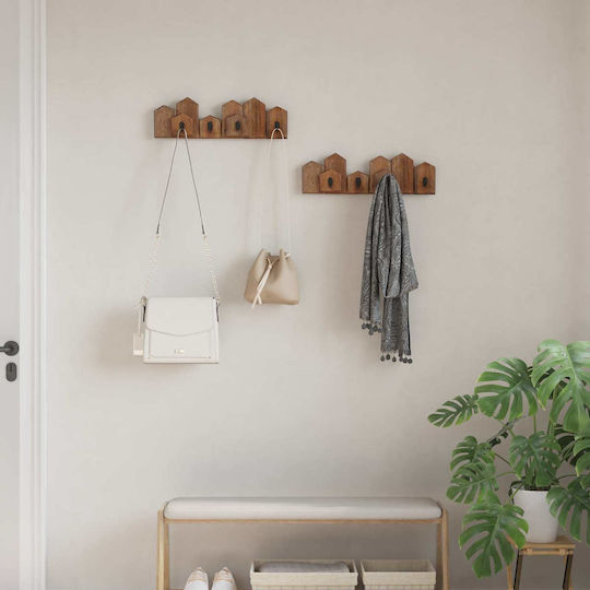 vidaXL Wooden Wall Hanger 5 Hooks Brown 48x15x8cm