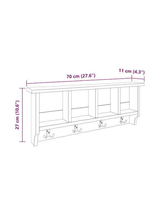 vidaXL Κρεμάστρα Τοίχου Ξύλινη 8 Θέσεων Καφέ 70x27x11cm