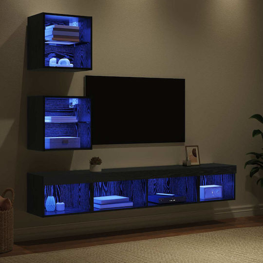 Living Room TV Unit with Showcase & Lighting Black Beech L100xW30xH30cm