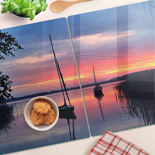 Glas Schneidebrett Küchen Hartes Glas Design Segelboot Sonne 2x40x52 cm