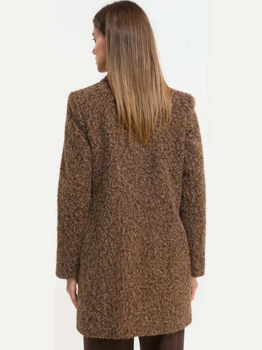 Curly Women's Brown Peacoat with Buttons