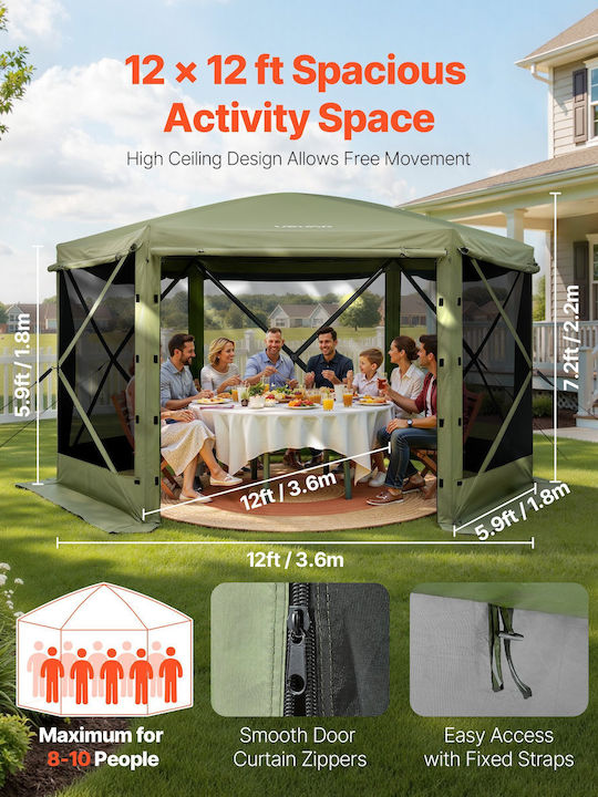 Vevor Foldable Garden Gazebo with LEDs Green 3.6x3.6m