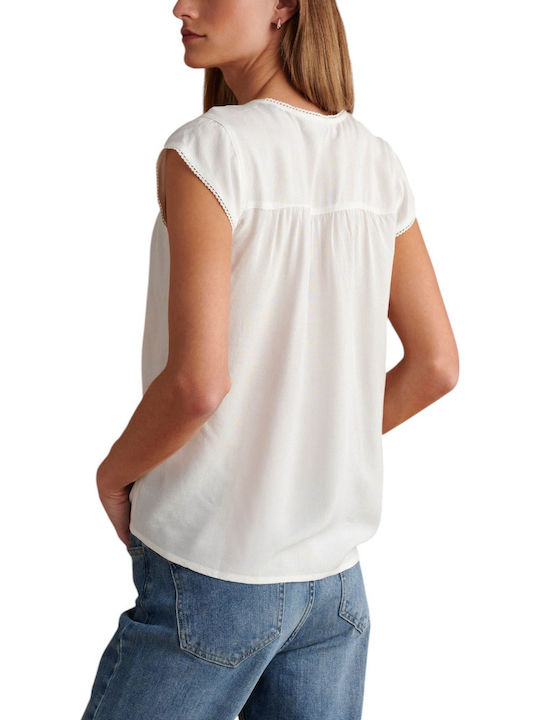 Women's Summer Blouse Sleeveless with V Neckline Off White