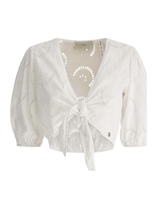 Women's Summer Crop Top Cotton with 3/4 Sleeve & V Neckline White