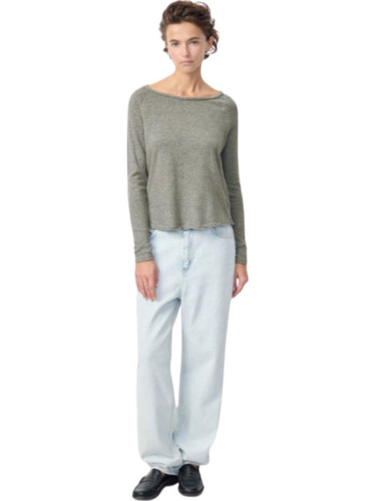 Women's Blouse Cotton Long Sleeve with Boat Neckline Gray