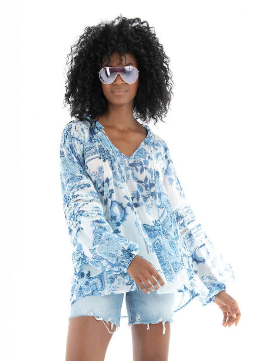 W3GH60WDW52 Tunic with 3/4 Sleeve with V Neckline Floral Blue