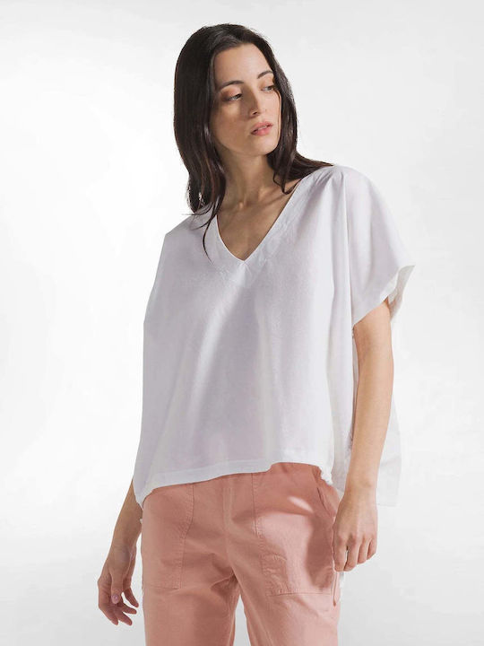Women's Blouse Cotton with V Neckline White