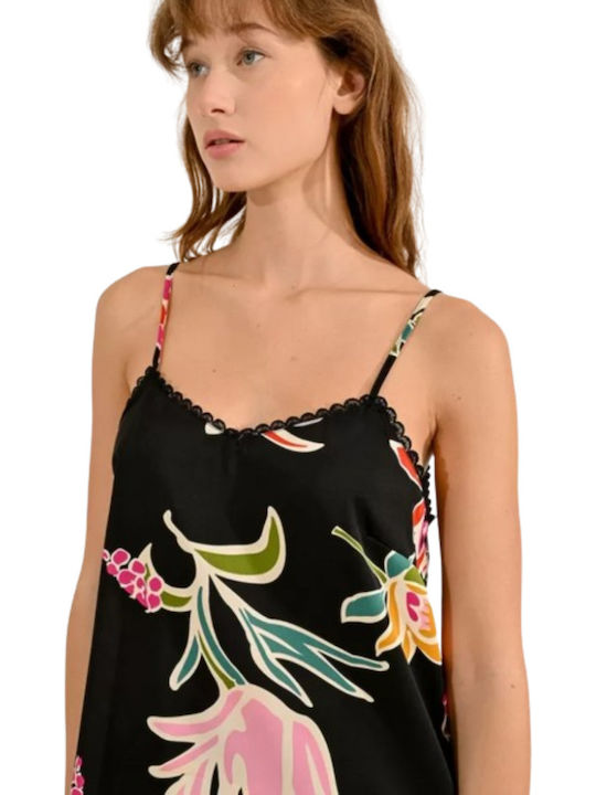 Damen Bluse Ärmellos mit V-Ausschnitt Blumen Schwarz