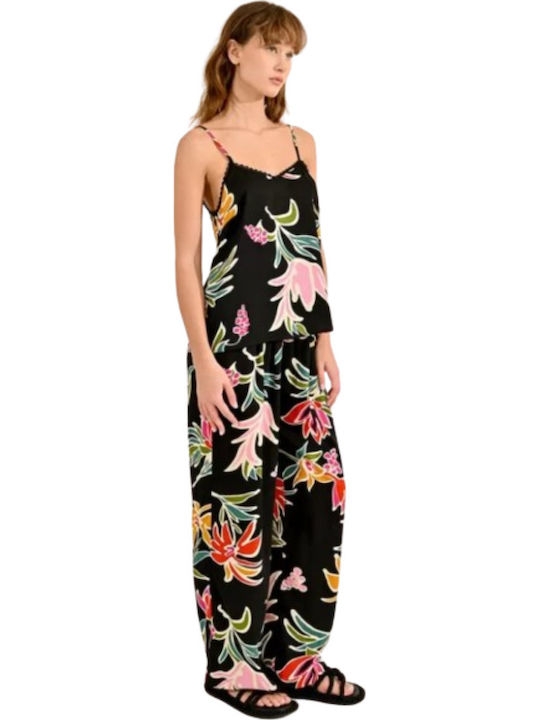 Damen Bluse Ärmellos mit V-Ausschnitt Blumen Schwarz