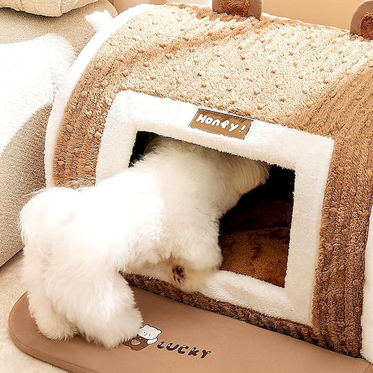 House – Nest for Cat & Dog – 50x40x35cm – Velvet Fabric & Plush Walls – Removable Cushion PP Cotton – Non Slip Bottom – Brown