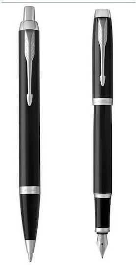 Parker IM Duo Pen Set Ballpoint Medium with Fountain Pen Medium made of Steel Laque Black CT in a case