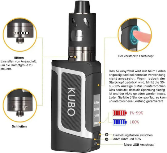 Electronic Cigarette Kubo Lz80w # 80 W Mod Kit 2000 Mah Box Mod 2000mAh 80W Μαύρο