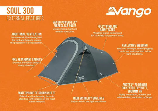 Vango Soul 300 Camping Tent Tunnel Blue 4 Seasons for 3 People Waterproof 3000mm 230x190x115cm