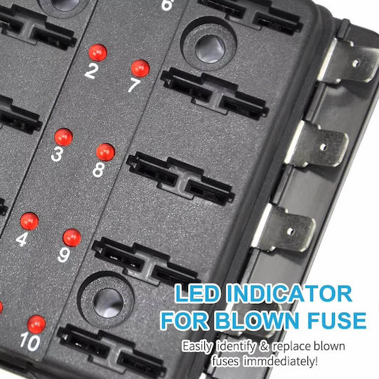 Blade Fuse Holder 10 Positions 12-24v 10 Fuses Led Indicators Waterproof Cover Yj-fb004