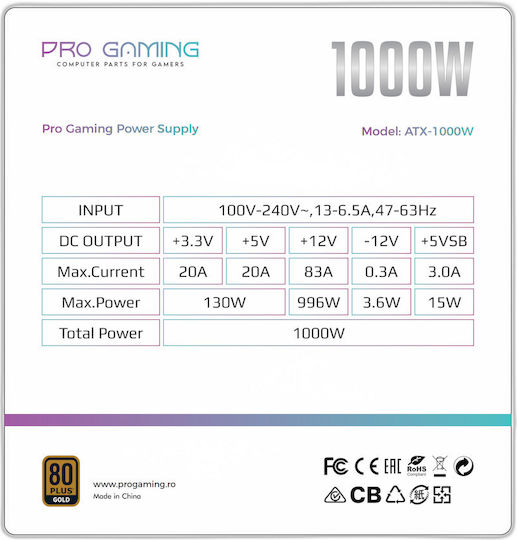 ProGaming 1000W Бял Компютърно захранване Пълен модул 80 Plus Gold (PGPSU1000W1)