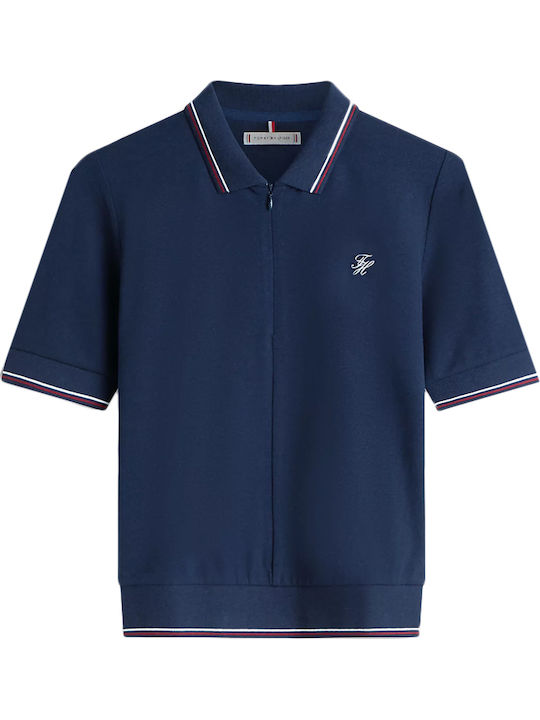 Script Women's Polo Blouse Short Sleeve Blue