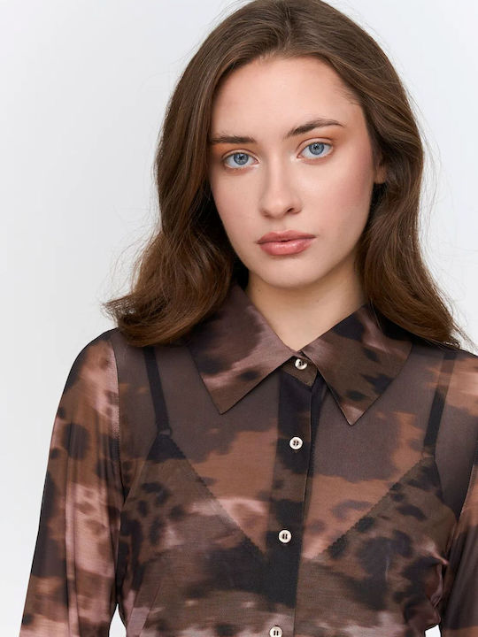 Дълъг ръкав Женска Риза Brown Leopard Принт