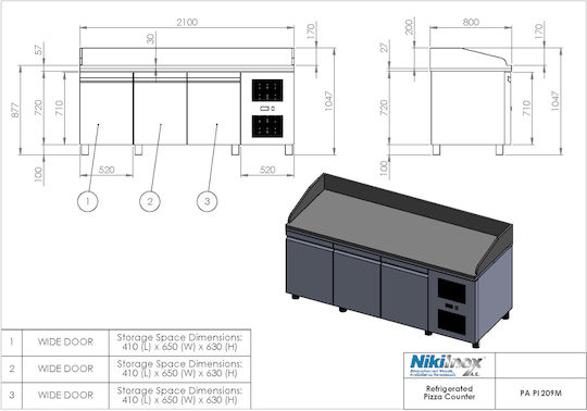 Niki Inox Commercial Pizza Refrigerator with 3 Doors -1/+8°C L209xD80xH110cm