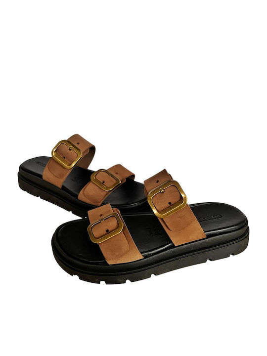 Leather Women's Flat Sandals Flatforms in Tabac Brown Color