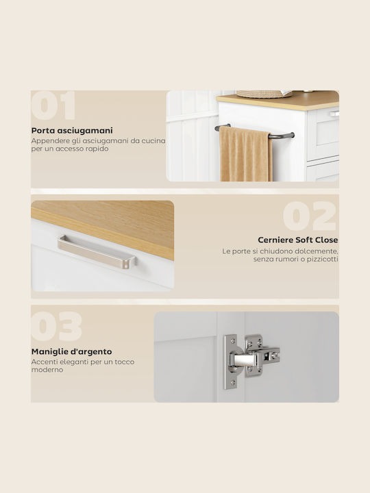 HomCom Τρόλεϊ Κουζίνας Ξύλινο 3 Θέσεων Λευκό 62x40x87cm
