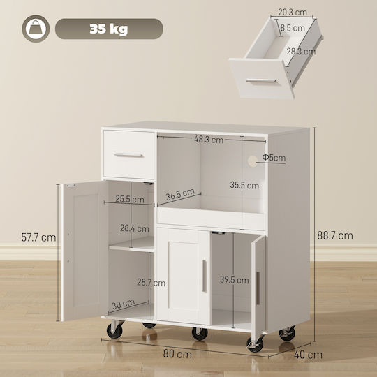 HomCom Wooden White Kitchen Rack with 2 Cabinets Drawer 80x40x88.7cm