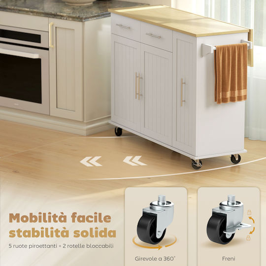 HomCom Τρόλεϊ Κουζίνας Ξύλινο 2 Θέσεων Λευκό 91x129cm