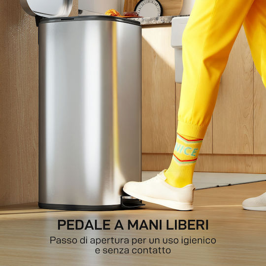 HomCom Metallic Waste Bin with Pedal 30L Silver