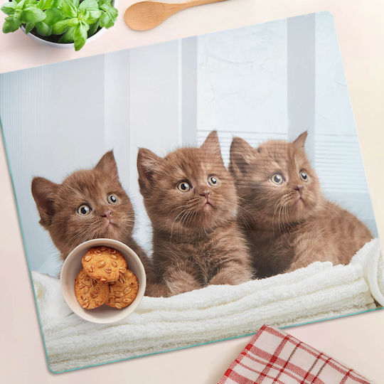 Голяма Кухненска Дъска За Рязане От Закалено Стъкло Кърпа С Котенца 60x52 См