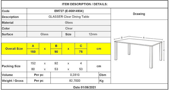 Glasser Clear Τραπέζι Κουζίνας Γυάλινο Διάφανο 150x90x75εκ.