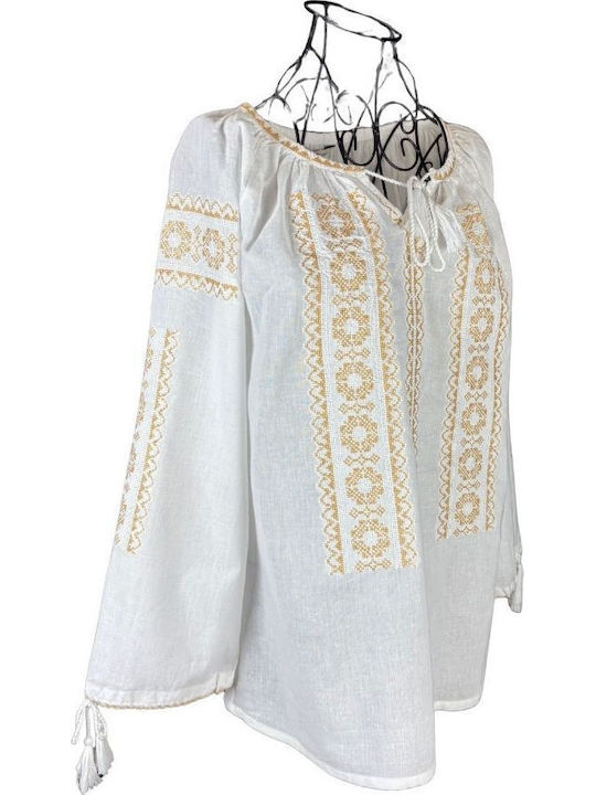 Bluza Damă Bumbac Mânecă Lungă Alb/Crem
