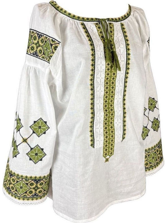 Bluza Damă Bumbac Mânecă Lungă Albă, Olive