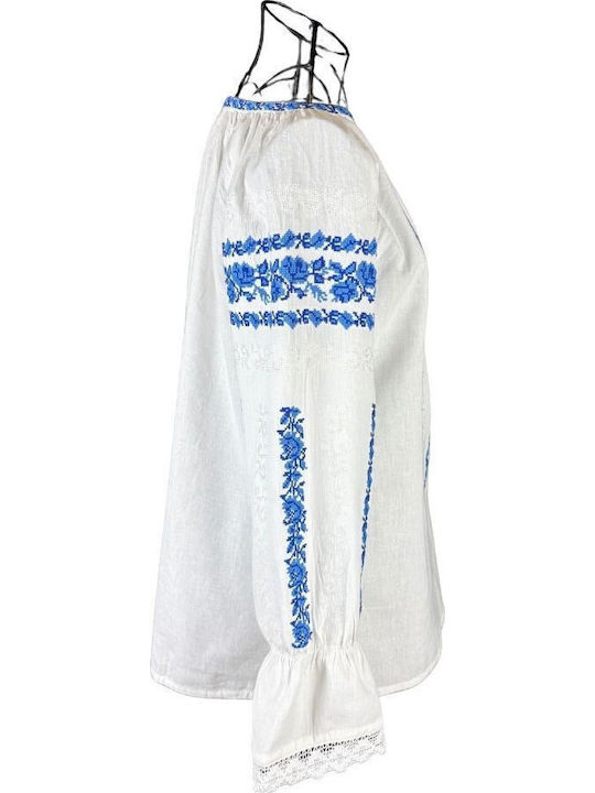 Bluza Damă Din Bumbac Cu Mânecă 3/4 Albă, Albastră
