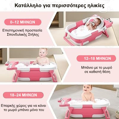 Giggles & Co. Сгъваема Бебешка Баня Dinosaur с Термометър Розова