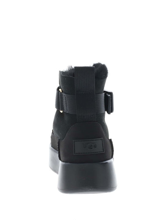 Classic Boom Buckle Suede Women's Ankle Boots with Fur Black