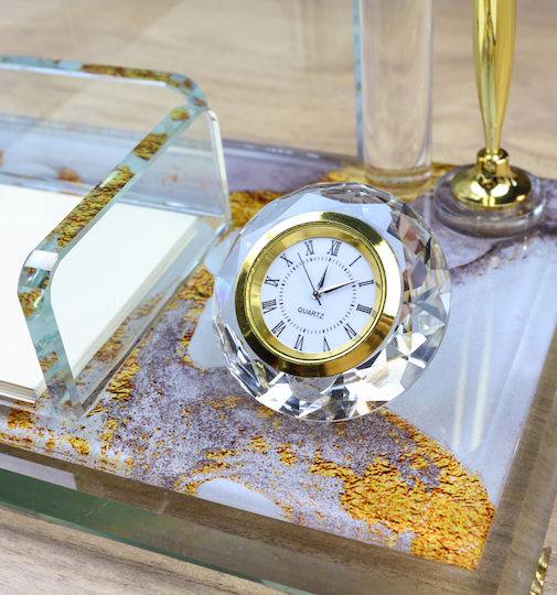 Crystal Desk Set Marble Design & Gold Details Pen Holder Note Holder Card Holder & Clock Code Km-55