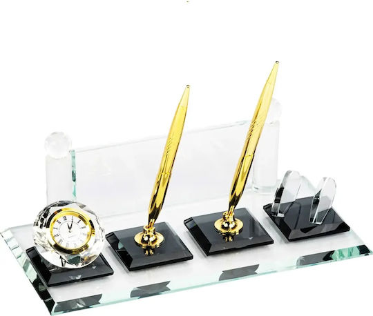 Crystal Desk Set Black Details Gold Pen Holder Card Holder & Clock Code Km-60